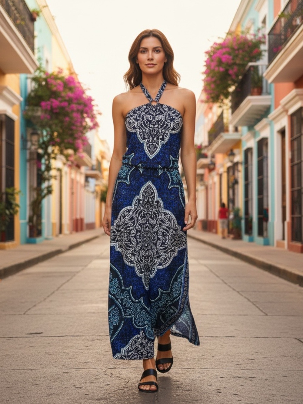 White House Black Market Bohemian Damask Halter Maxi Dress Size Small